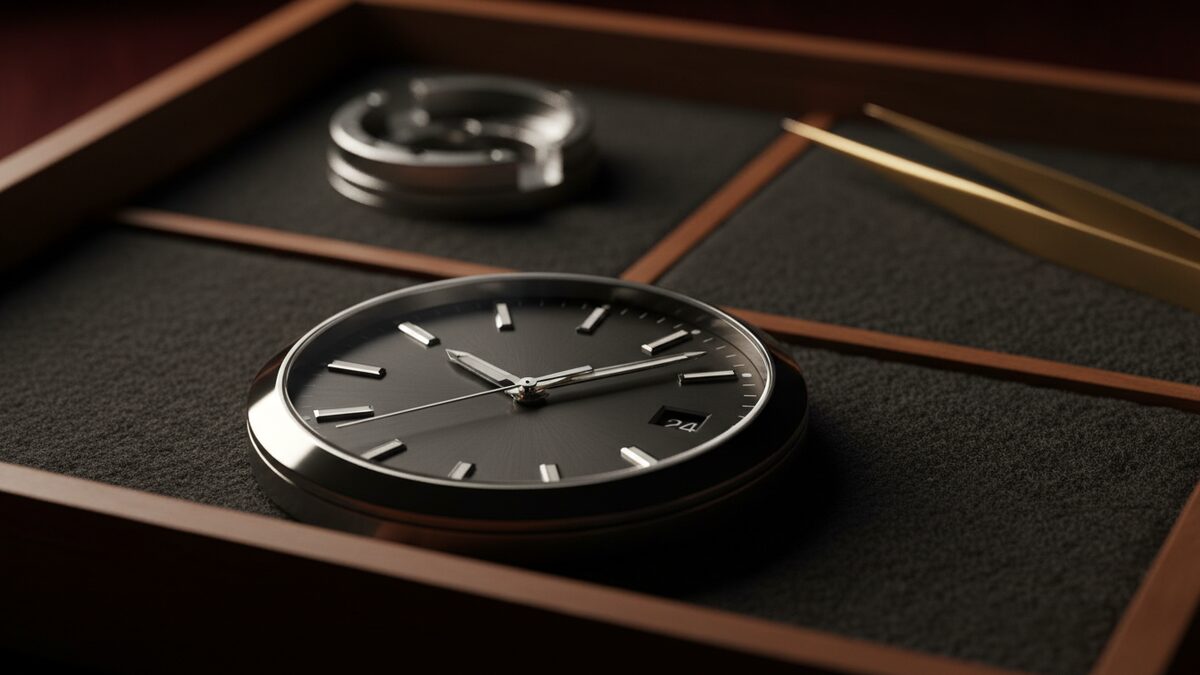 Luxury watch authentication inspection with loupe and tools