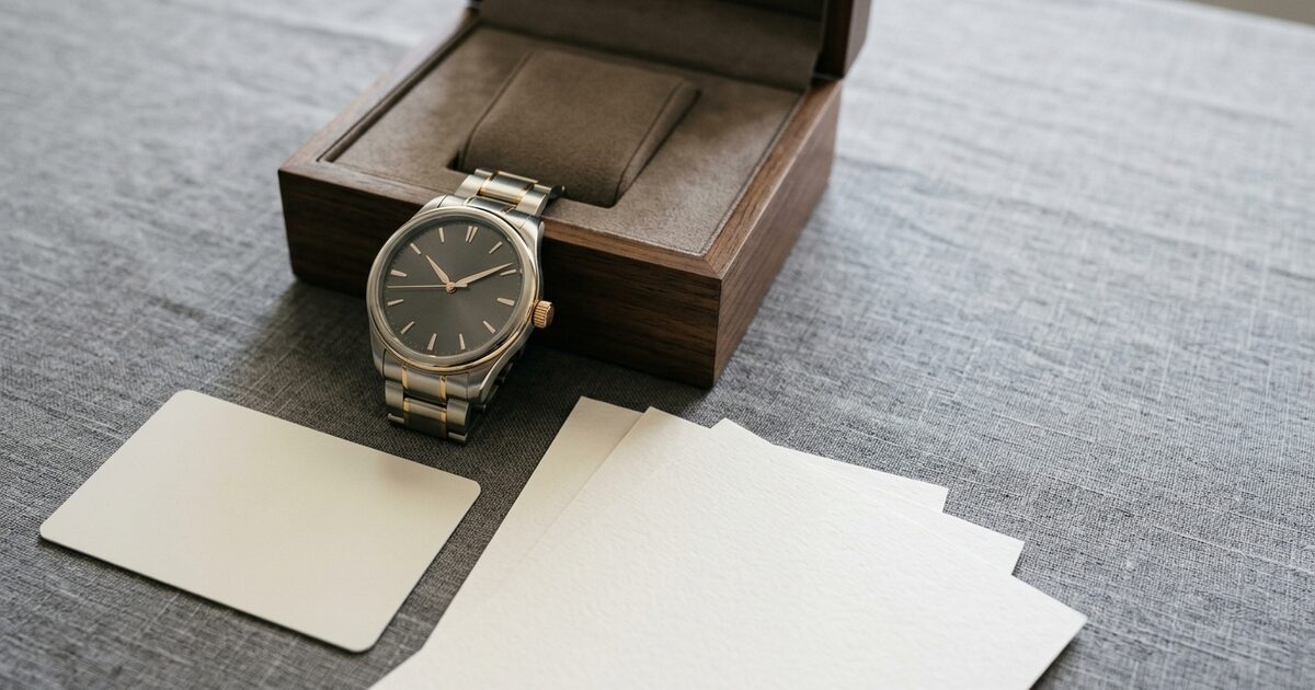 Luxury watch with its box, warranty card and papers in a flat-lay